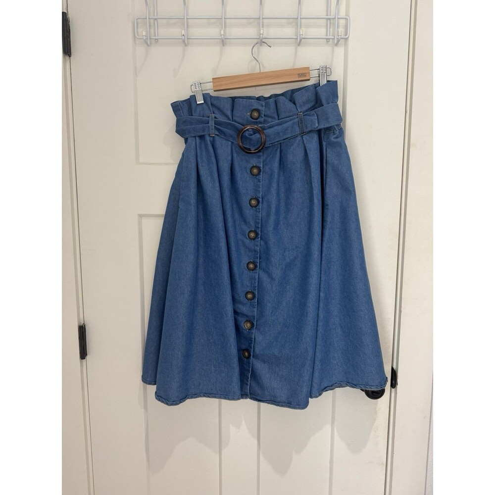 Live 4 Truth Women’s Small Denim Chambray Midi Skirt Belted Button Front